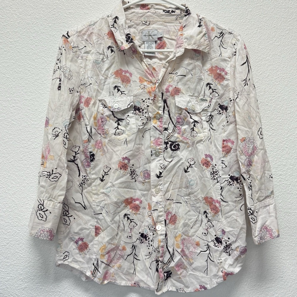 CK Jeans Calvin Klein Jeans Button Up Floral 3/4 Sleeve Blouse Pink‎ Medium M